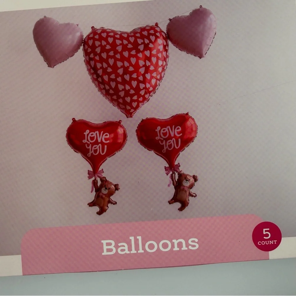 5 Piece Heart Teddy Bear “Love You” Foil Balloon Set